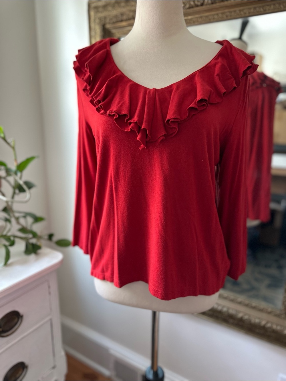 Lauren Ralph Lauren knit top ruffles quiet luxury XL red Grandmacore stretch
